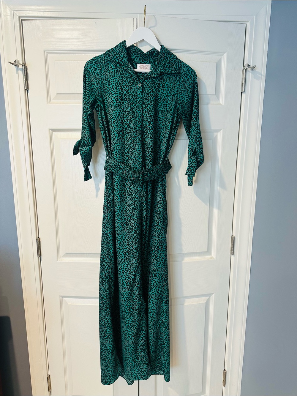 Green Leopard-Print Maxi Shirt Dress with Self-Tie Waist